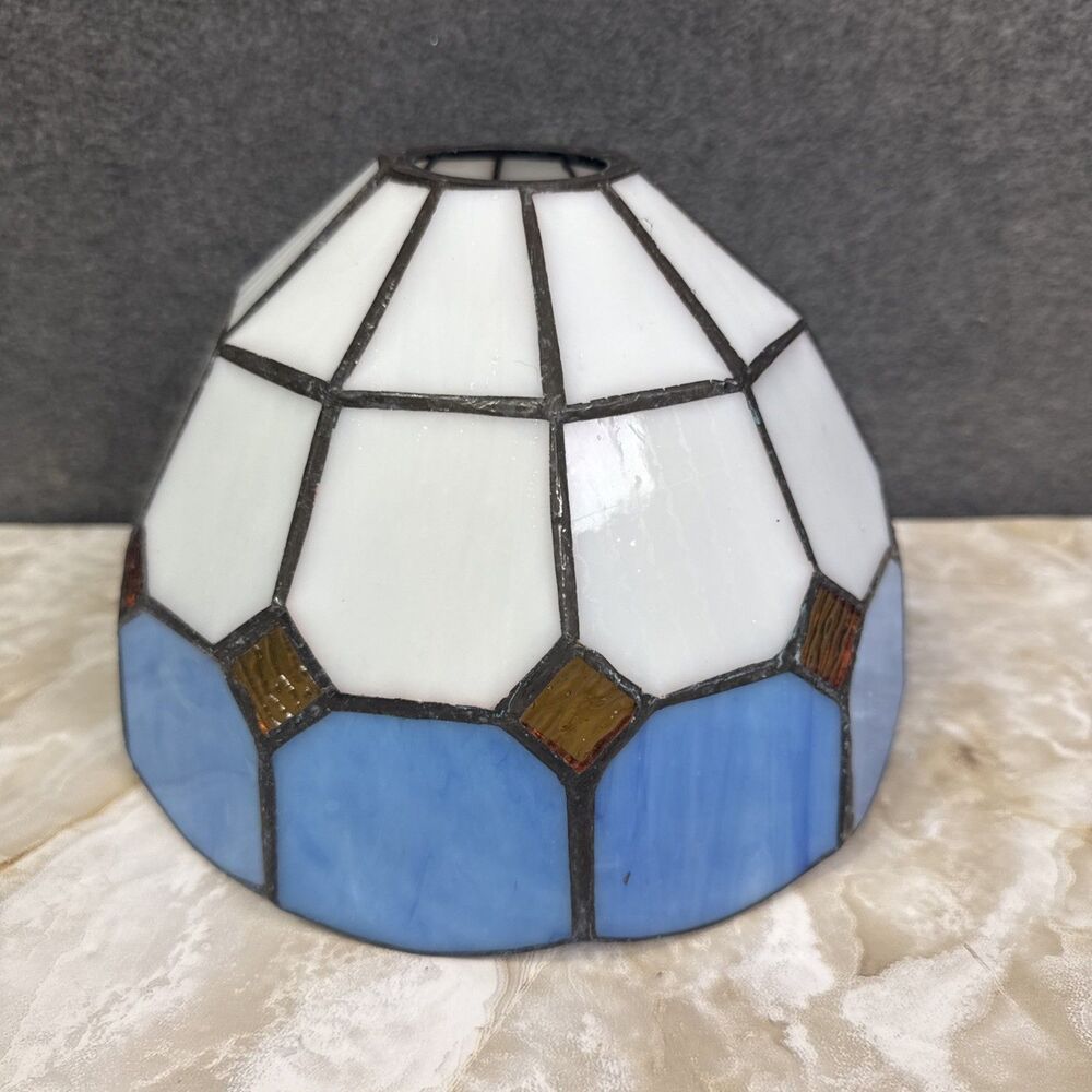 Tiffany Style Stained Glass Table Lamp Shade Only 7.5” x 5" White Blue Gold